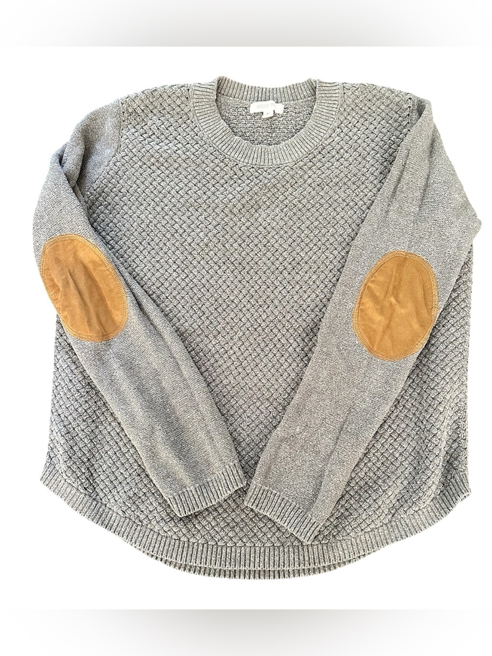 August Mist Gray Knit Crewneck Sweater with Tan Elbow Patches
